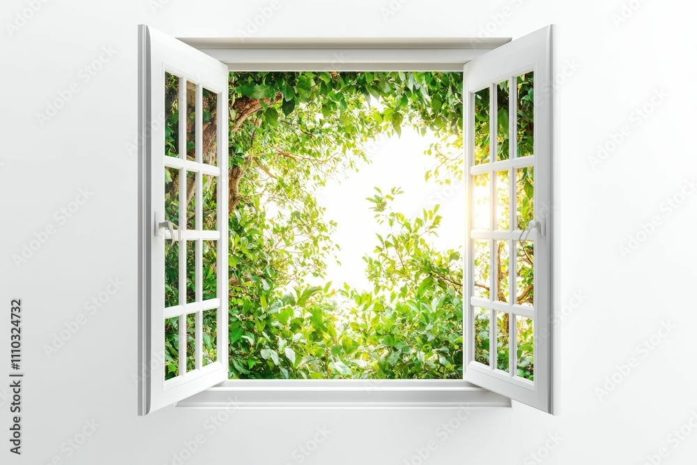Fototapeta premium Open window, bright sunlight, lush green foliage.