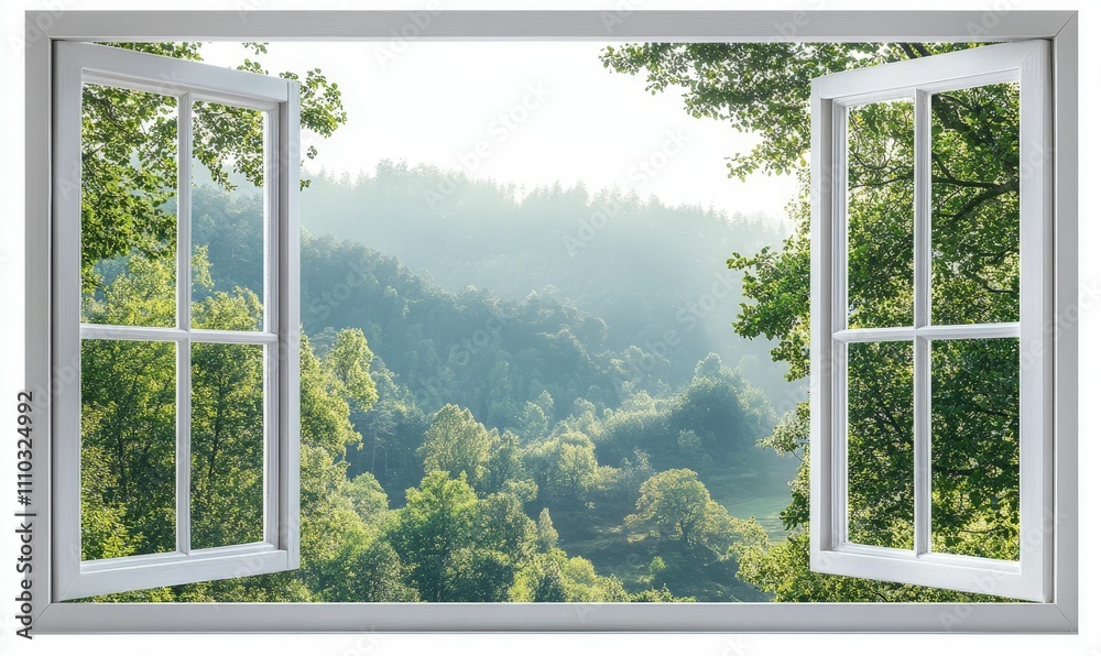 Serene forest vista framed by open window. Serene forest vista framed by open window.