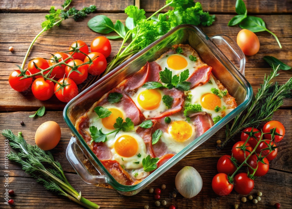 Double Exposure Photography of Italian Style Bacon and Eggs Casserole with Fresh Ingredients and Rustic Background for Culinary Enthusiasts and Food Bloggers