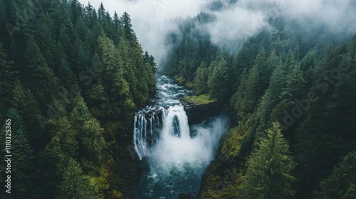 Majestic waterfall cascading through lush green forest in a misty landscape during daytime