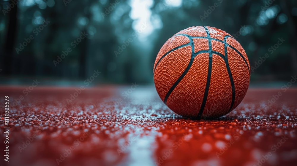 Wet basketball on a rain-soaked court. Wet basketball on a rain-soaked court.