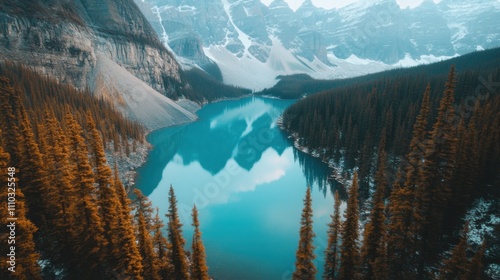 Scenic view of turquoise lake surrounded by mountains and evergreens in a tranquil natural setting