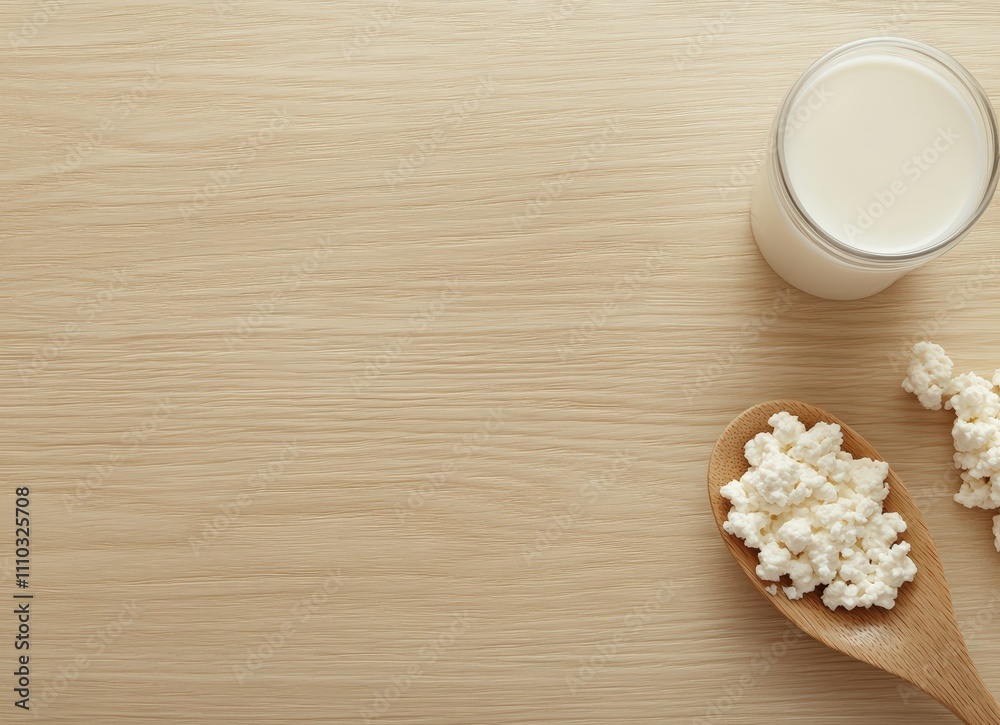 top view of a wooden spoon with sour cream on the right side and a glass jar with milk. Greek yogurt, danish cottage cheese in a wooden spoon top view of a wooden spoon with sour cream on the right side and a glass jar with milk. Greek yogurt, danish cottage cheese in a wooden spoon