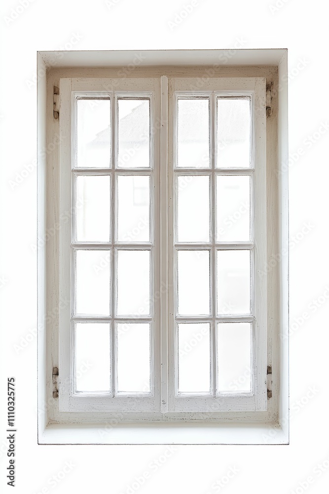 White, paneled window; rustic, double-hung design. White, paneled window; rustic, double-hung design.