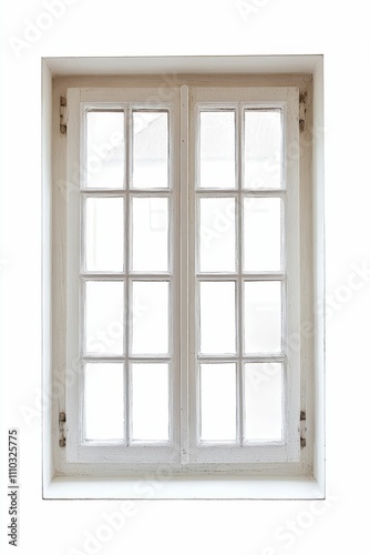 White, paneled window; rustic, double-hung design.