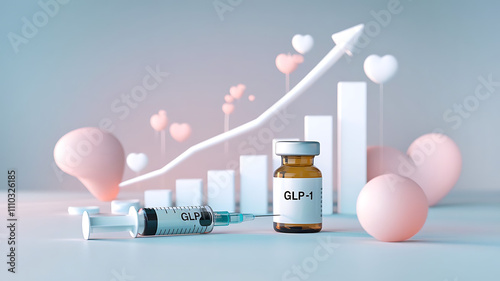 GLP-1 Syringe and Vial on Clean Surface with Healthcare Progress Symbolized by Bar Graph. hormone therapy benefits, glp1 copy space background