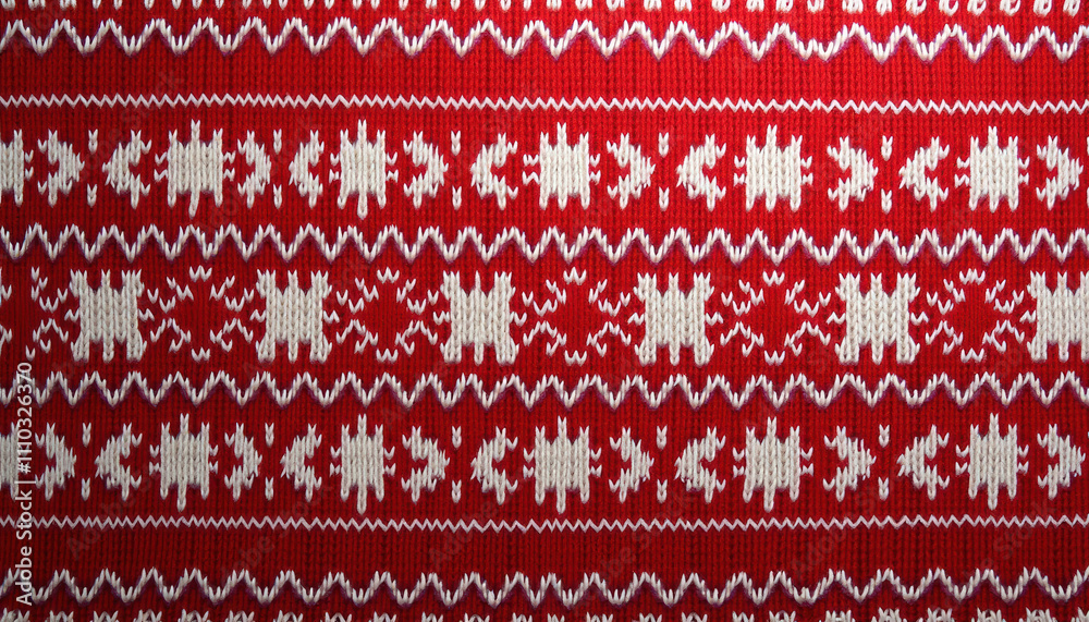 Knitted Christmas background with intricate patterns in red and white, perfect for festive holiday designs. Knitted Christmas background with intricate patterns in red and white, perfect for festive holiday designs.