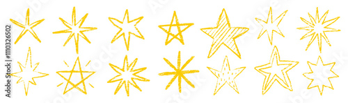 Crayon twinkle, blink, firework, stars and glowing symbols in sketch style. Grunge yellow chalk figure on a white background. Texture vector illustration.