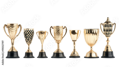 A row of gold and black trophies are lined up on a white background Transparent Background