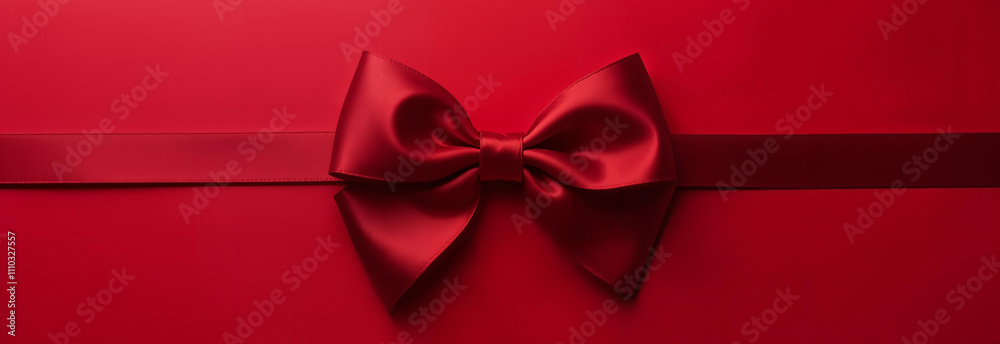 maroon satin bow on red background top view