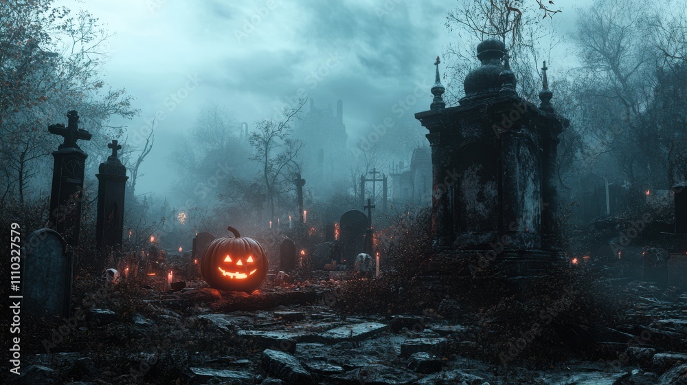 Fototapeta premium Eerie Halloween Graveyard at Midnight with Glowing Jack-o'-lanterns Amidst Fog and Shadows Creating a Spooky Atmosphere of Mystery and Fear