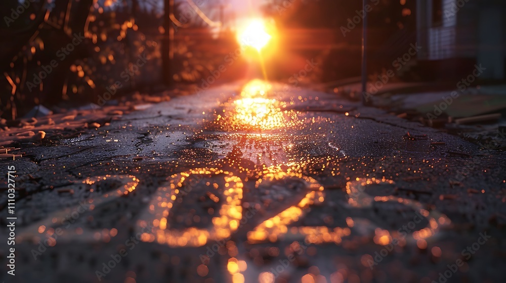 On an asphalt path with the sunlight setting in front of it the word On an asphalt path with the sunlight setting in front of it the word
