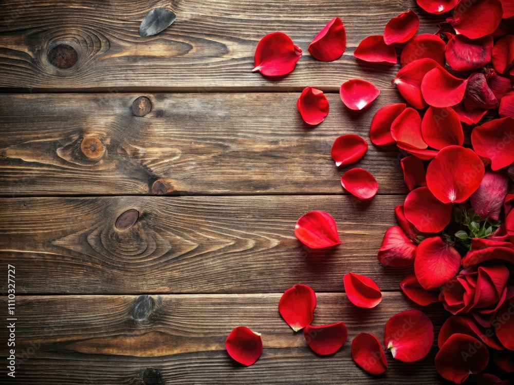 Red Rose Petals on Rustic Wooden Background - Romantic Floral Decor, Nature Aesthetics, Wedding Decorations, Love and Affection, Natural Textures, Close-Up Photography