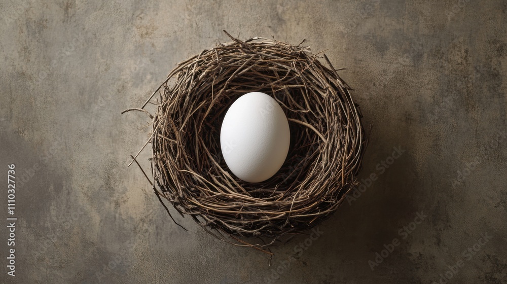 Fototapeta premium White Egg Nestled in Natural Twigs Against Dark Background