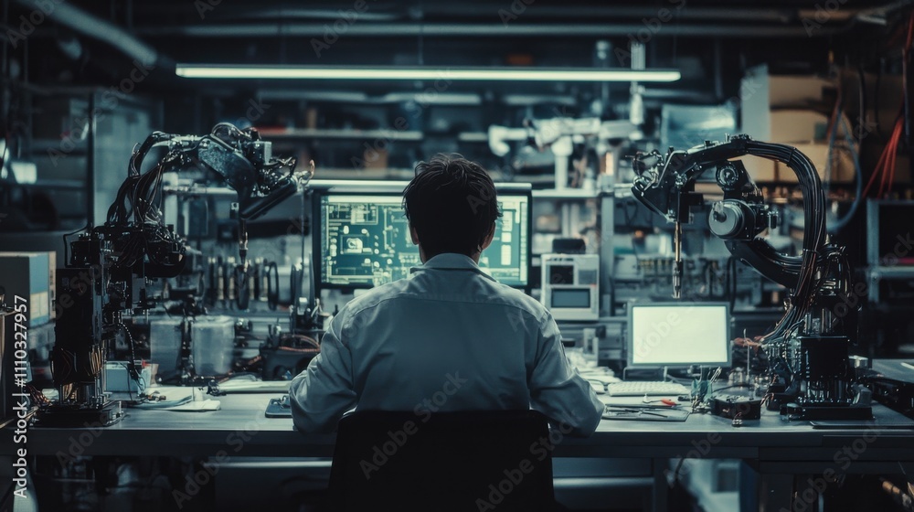 Scientist analyzes data in a high-tech laboratory with robotic arms and multiple screens during evening hours Scientist analyzes data in a high-tech laboratory with robotic arms and multiple screens during evening hours