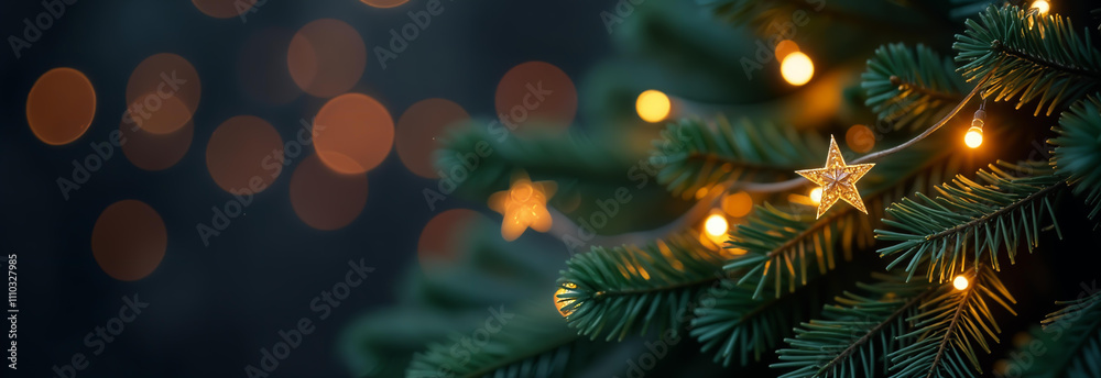 Stunningly beautiful star decorations are hanging elegantly from a lush evergreen branch, creating a magical ambiance