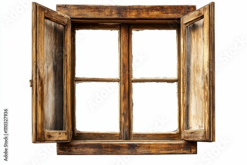 Aged wooden window, open, panes missing.