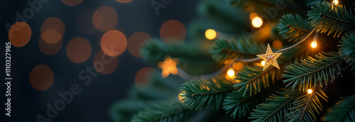 Obraz na płótnie Stunningly beautiful star decorations are hanging elegantly from a lush evergreen branch, creating a magical ambiance w salonie