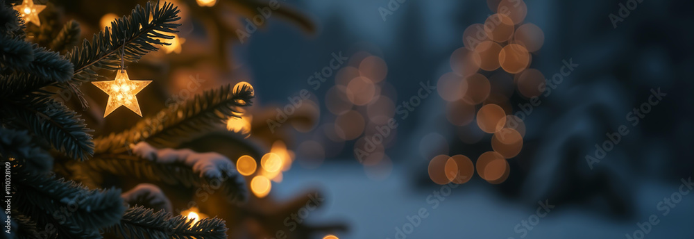 Stunningly beautiful star decorations are hanging elegantly from a lush evergreen branch, creating a magical ambiance
