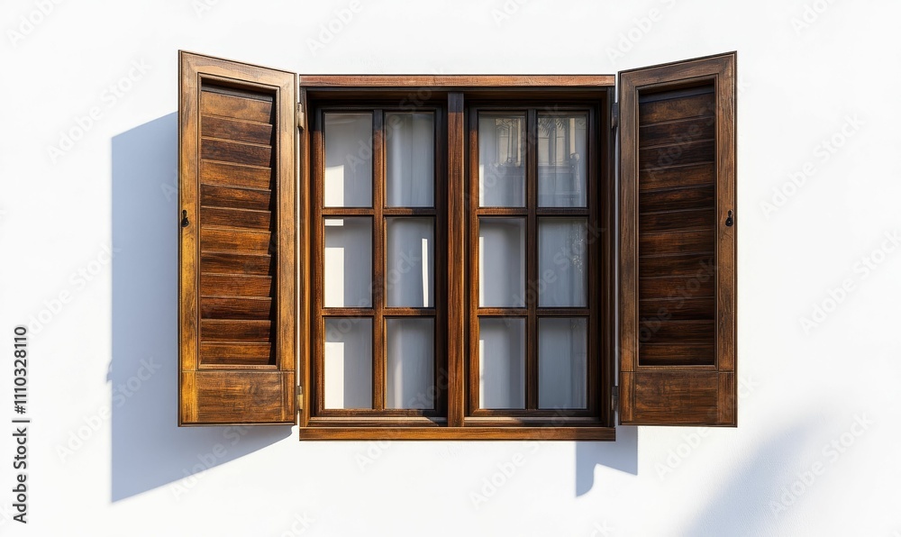 Dark wood window, shutters open, white wall. Dark wood window, shutters open, white wall.