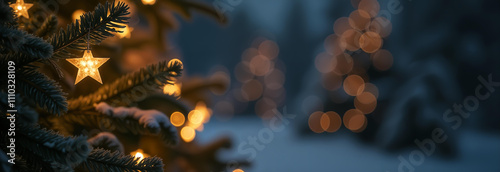 Obraz na płótnie Stunningly beautiful star decorations are hanging elegantly from a lush evergreen branch, creating a magical ambiance w salonie