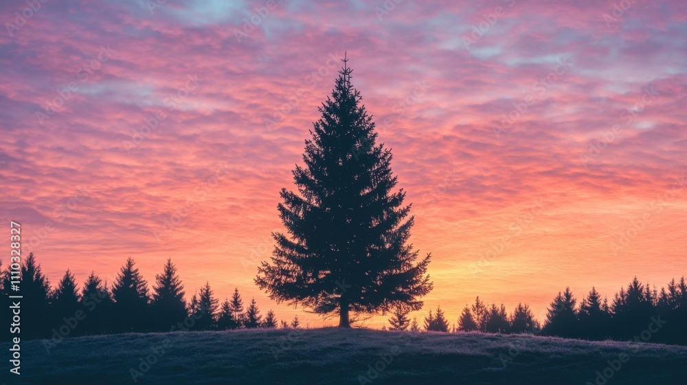 Majestic Pine Tree Against Vibrant Pink and Purple Sunset Sky Majestic Pine Tree Against Vibrant Pink and Purple Sunset Sky