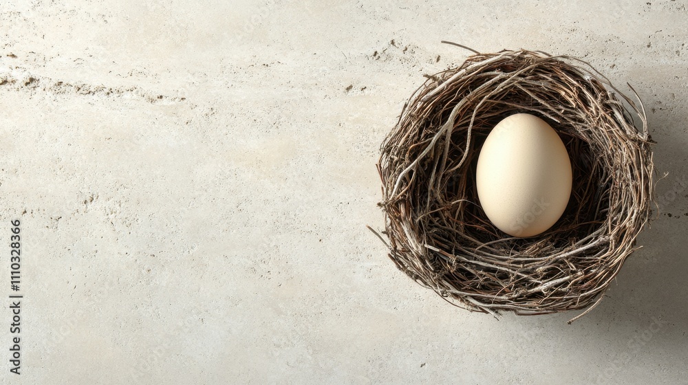Fototapeta premium Soft Beige Egg Nestled in a Natural Twigs Nest on Gray Surface