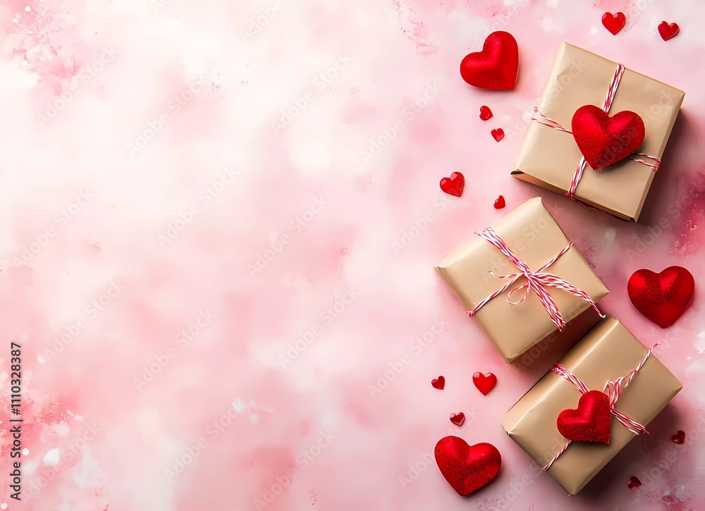 Valentine's Day background with gift boxes and red hearts on pink pastel-colored paper, flat lay, top view, copy space Valentine's Day background with gift boxes and red hearts on pink pastel-colored paper, flat lay, top view, copy space