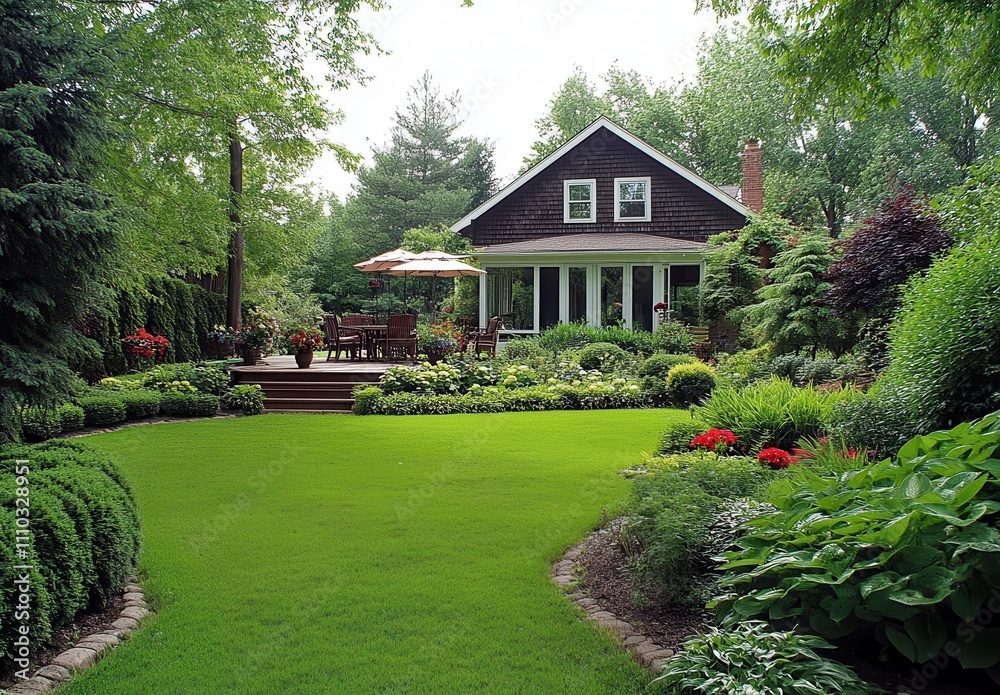 Tranquil suburban home surrounded by lush greenery and vibrant flower beds, with a cozy patio perfect for outdoor relaxation and entertaining in a serene garden setting. Tranquil suburban home surrounded by lush greenery and vibrant flower beds, with a cozy patio perfect for outdoor relaxation and entertaining in a serene garden setting.