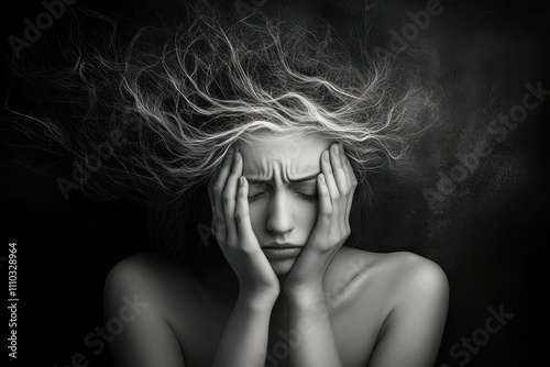 A dramatic monochrome image featuring a distressed figure with hands on her face and wild hair, symbolizing emotional turmoil, can be used for articles on mental health, stress, or personal struggle,