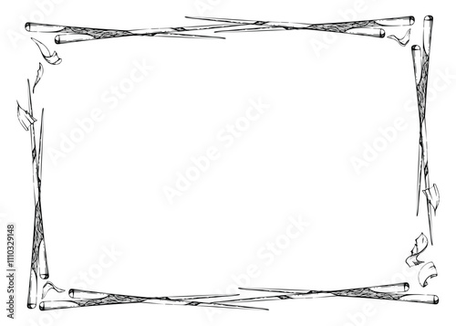 Japanese Chinese chopsticks, wood bamboo plastic lacquered utensils for eating cooking, hand drawn in vector pen splash and ink. Border frame for restaurant, cafe menu, kitchen print, recipe book