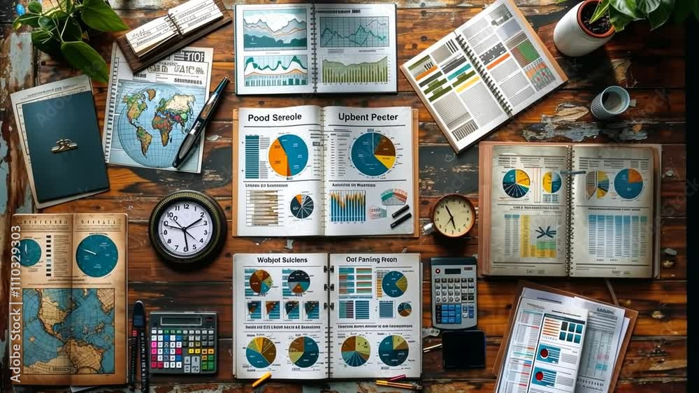 Detailed analysis of data trends and statistics on a wooden desk setup in a cozy workspace Detailed analysis of data trends and statistics on a wooden desk setup in a cozy workspace