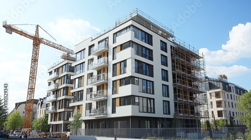 Modern residential building under construction with a crane and scaffolding.