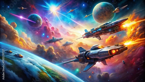 Futuristic Spaceship Battle Amidst a Cosmic Nebula: Epic Clash of Advanced Starfighters in a Colorful Galactic Scene with Space Debris and Bright Nebula Background photo
