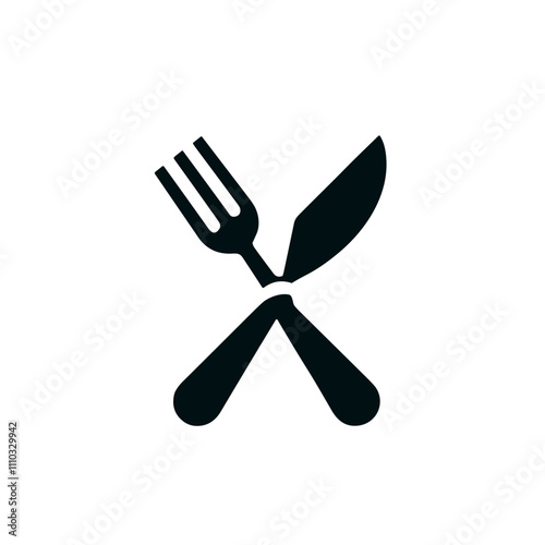 Stylized fork and knife crossed icon on a minimalistic background for restaurant and culinary themes.