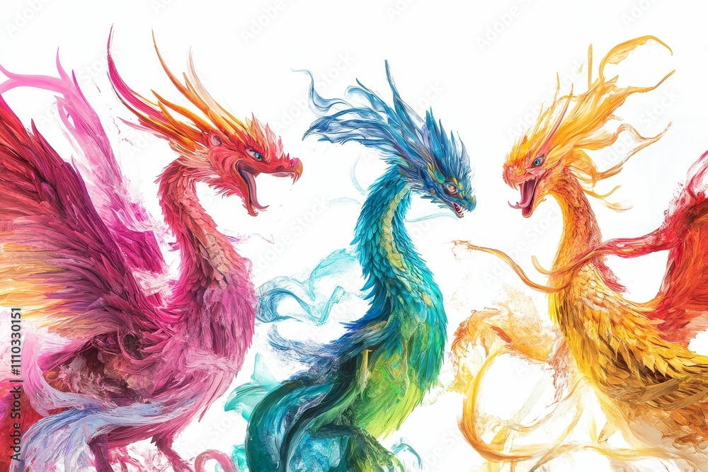 Fototapeta premium Three vibrant dragons, painted in colorful strokes.