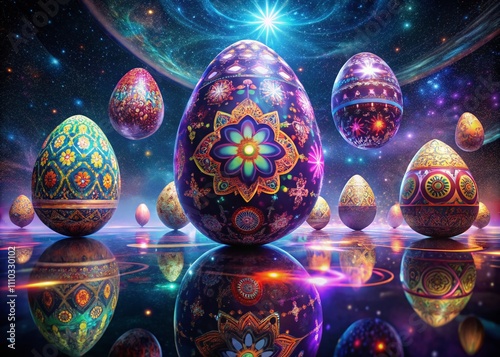 Giant Holographic Easter Eggs Floating in Space: A Captivating Fashion Photography Display of Colorful Messages and Images for a Futuristic Celebration photo