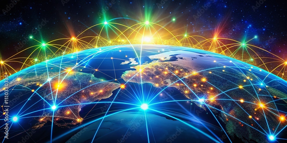 Obraz premium Global Network Connection Banner Design Template for Social Network Communication and Big Data Visualization in Internet Technology for Business Concepts