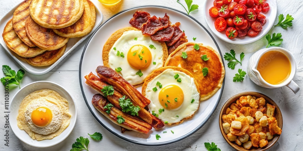 Aerial View of a Delicious American Breakfast Spread with Eggs, Bacon, Hash Browns, and Pancakes on a White Background for Culinary Photography Aerial View of a Delicious American Breakfast Spread with Eggs, Bacon, Hash Browns, and Pancakes on a White Background for Culinary Photography