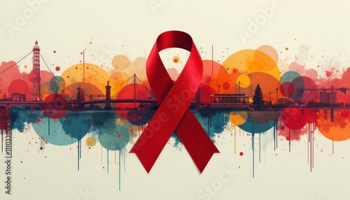 An Abstract Artistic Representation of a Red Ribbon for HIV and AIDS Awareness Blended with Colorful Elements in a Modern Creative Collage. photo