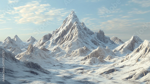 A snowy mountain range with a tall pointed peak