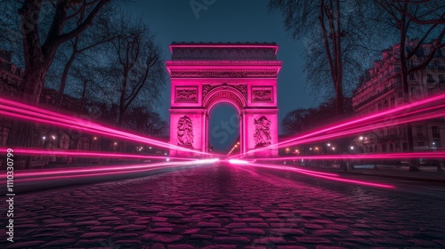 A long exposure captures a light trail with motion blur at the Arc de Triomphe during nighttime. photo