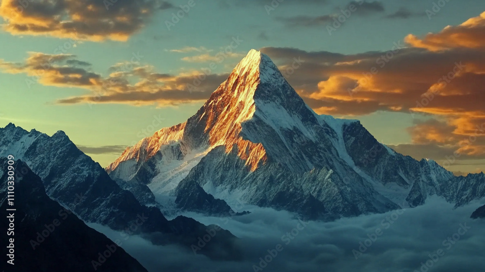 A snow-capped mountain peak in the sunset light A snow-capped mountain peak in the sunset light