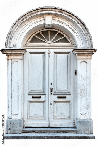 Aged white double door  arched entryway  stone steps.