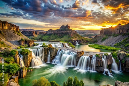 Breathtaking Double Exposure of Shoshone Falls on Snake River, Capturing Nature's Majesty in Twin Falls, Idaho with Lush Landscapes and Cascading Waterfalls