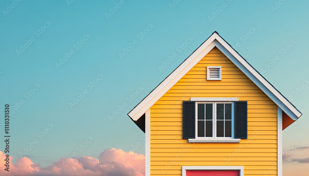 Bright yellow house against a clear blue sky with clouds, showcasing modern architecture. Bright yellow house against a clear blue sky with clouds, showcasing modern architecture.