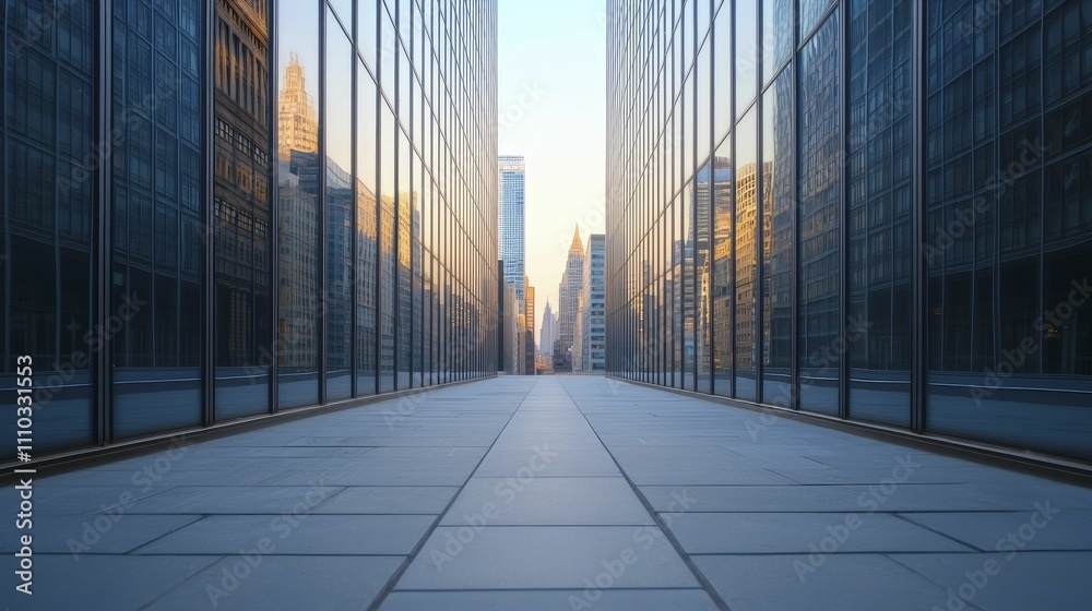 Fototapeta premium Economic risk exposure diversification, corporate elegance style, glass and steel, front view focus, with financial district skyline background.