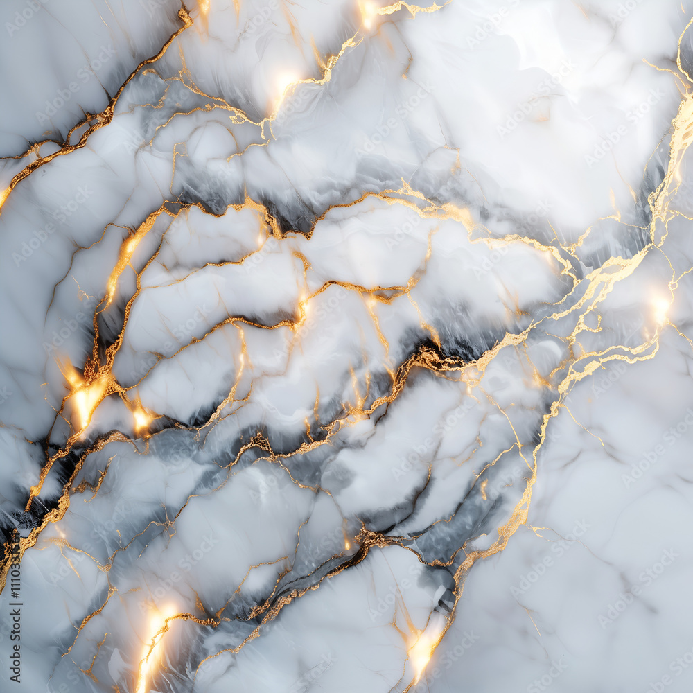 High-quality close-up of a white marble surface featuring elegant gold veins and a luxurious glossy finish. Ideal for backgrounds, design, and architecture.
