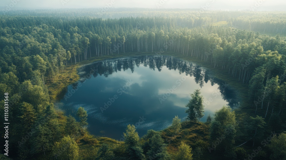 Panoramic view of beautiful forest lake in Russia.