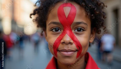 A Person’s Face Painted with a Red Ribbon in a Creative and Powerful Display to Promote Awareness for HIV and AIDS Across Communities. photo